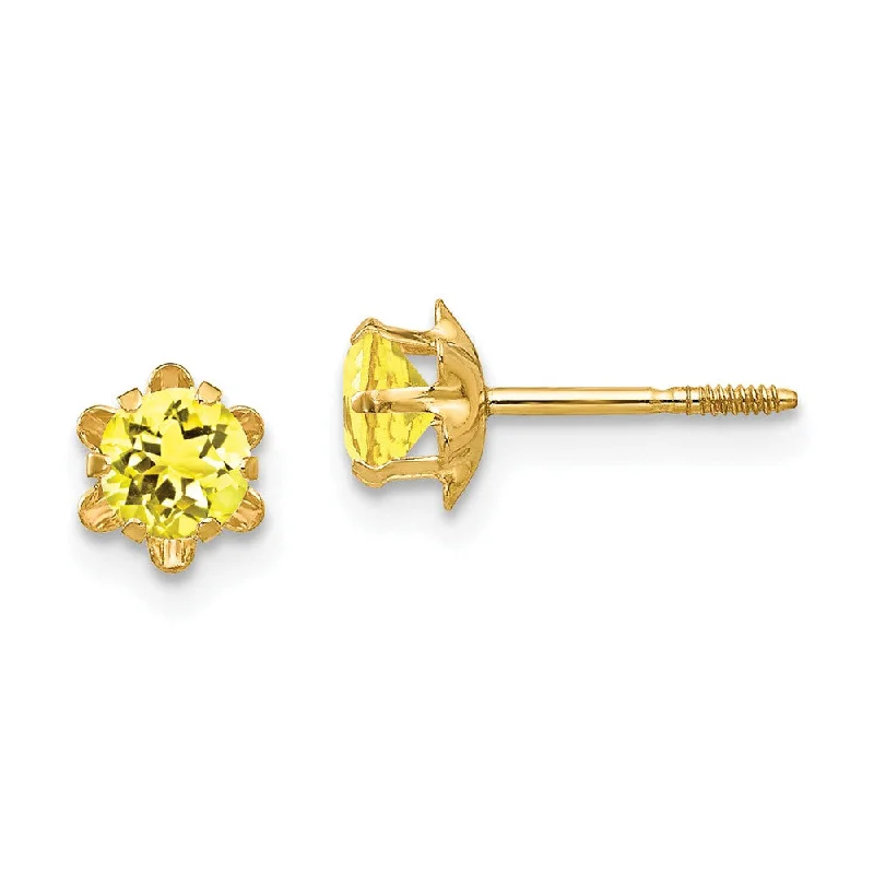 Spinel stud earrings-Kids 4mm Synthetic Citrine Screw Back Stud Earrings 14k Yellow Gold