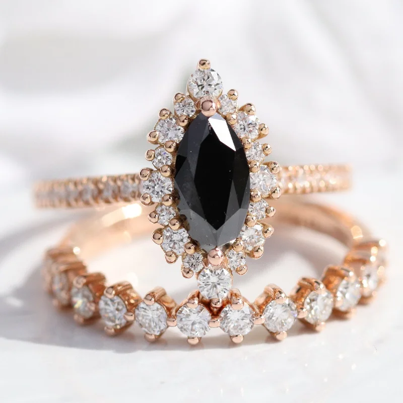 Ripple style rings-Tiara Halo Marquise Ring Bridal Set w/ Black Diamond and 4 Prong Wedding Band