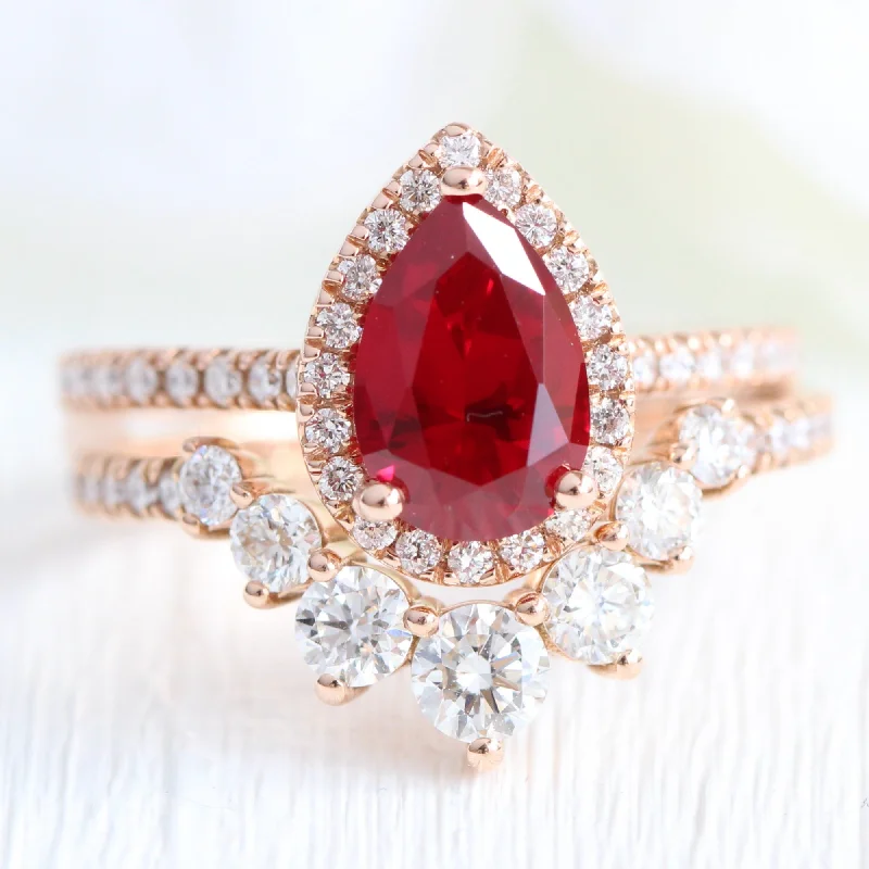 Fringe edge rings-Luna Halo Pear Ruby Bridal Ring Set w/ Large 7 Diamond U Shaped Pave Band