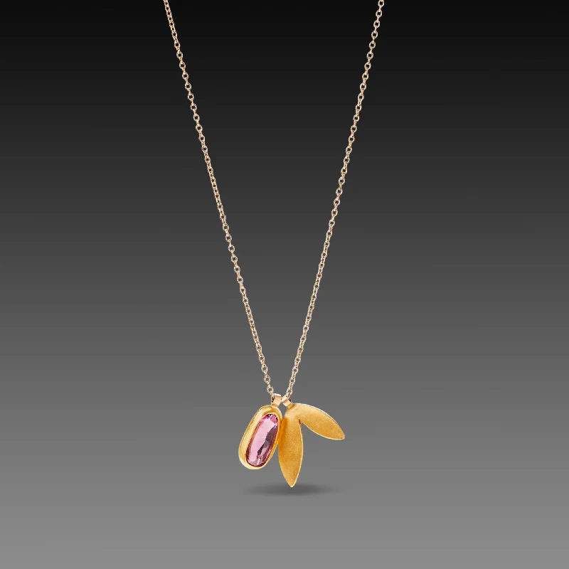 Bold chain necklaces-Pink Sapphire and 22k Leaf Charm Necklace