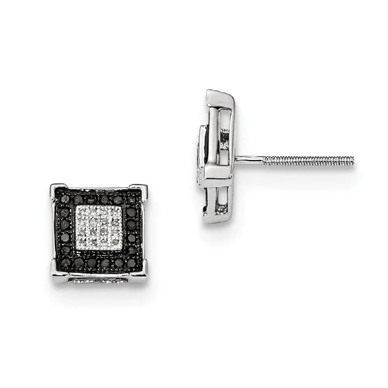 Spinel stone earrings-8mm Square Black & White Diamond Sterling Silver Screw Back Earrings