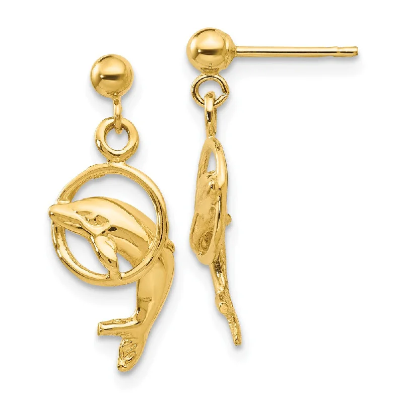 Ripple design earrings-Dolphin & Hoop Dangle Post Earrings in 14k Yellow Gold