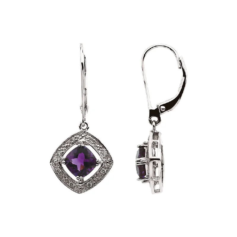 Ribbon tassel earrings-Diamond Accented Amethyst Lever Back Earrings in 14k White Gold