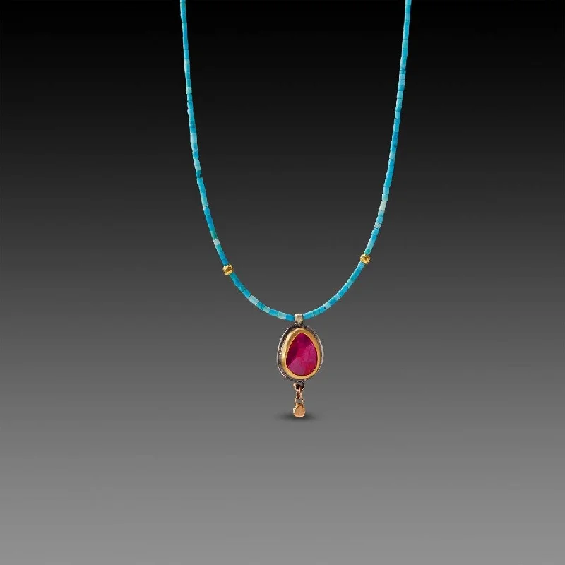 Seraph wing necklaces-Ruby Teardrop and Turquoise Beaded Necklace