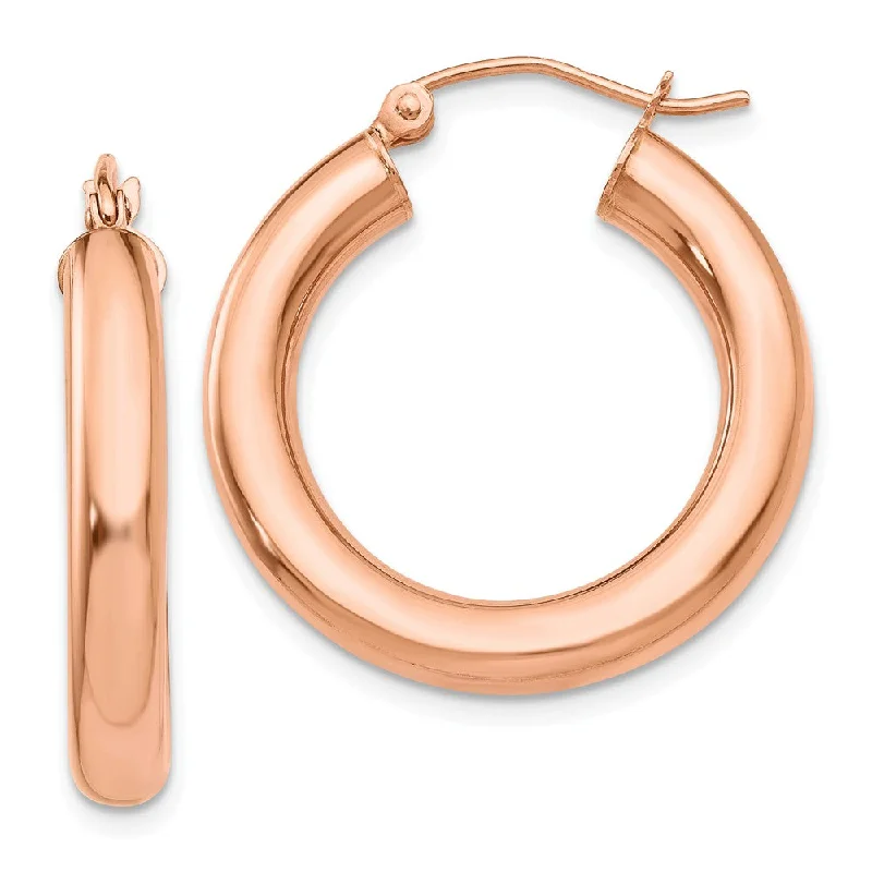 Knit bead earrings-4mm x 25mm Polished 14k Rose Gold Large Round Tube Hoop Earrings