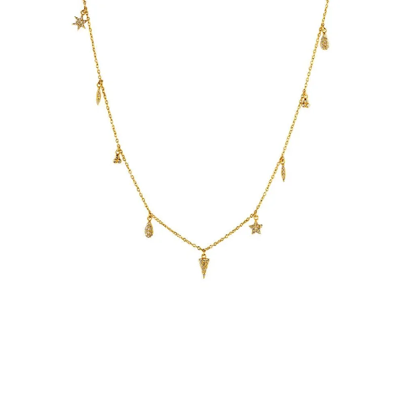 Full bib necklaces-9 Charm Gold Plated Necklace w. Zirconia