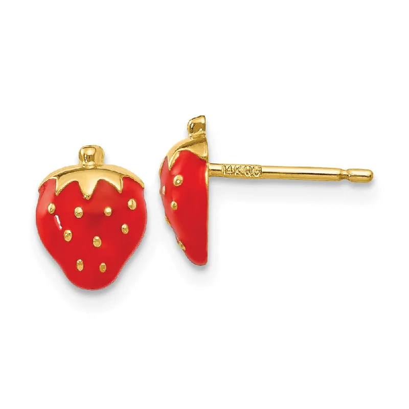 Trapezoid dangle earrings-8mm Red Strawberry Post Earrings in 14k Yellow Gold and Enamel