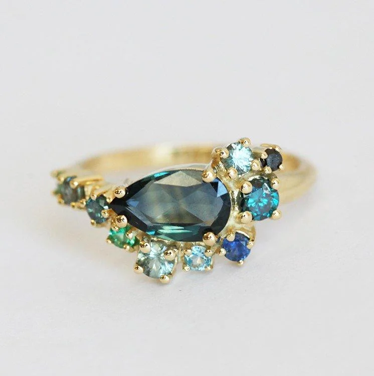 Hook band rings-Freyja Pear Sapphire Topaz Emerald Diamond Cluster Ring