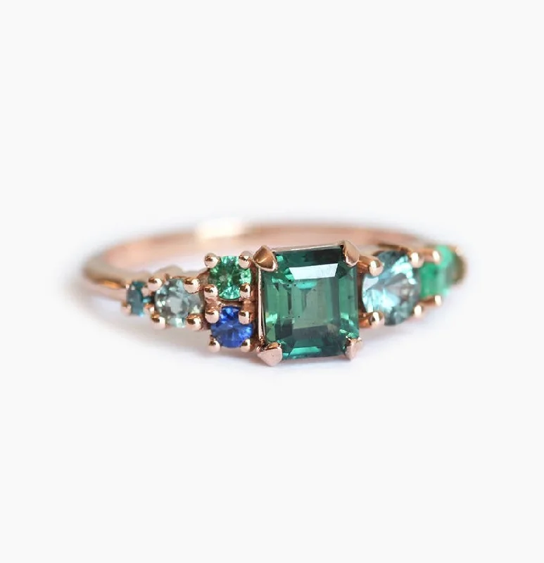 Alexandrite cut rings-Massimo Emerald Cut Sapphire Cluster Ring