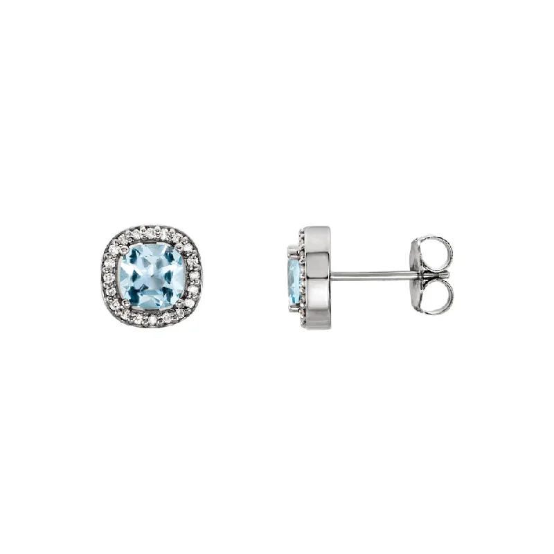 Slim gold earrings-Sky Blue Topaz & Diamond 8mm Square Halo Earrings in 14k White Gold