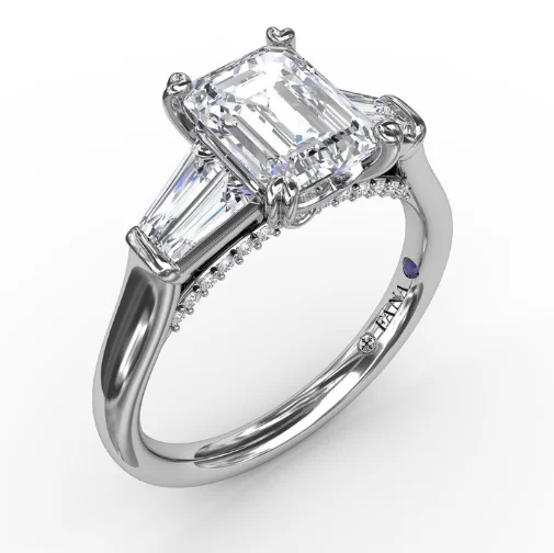 Topaz solitaire rings-14K White Gold 0.39cttw VS FG Emerald Cut Diamond Semi-Mount Ring with Tapered Baguette Sides by Fana