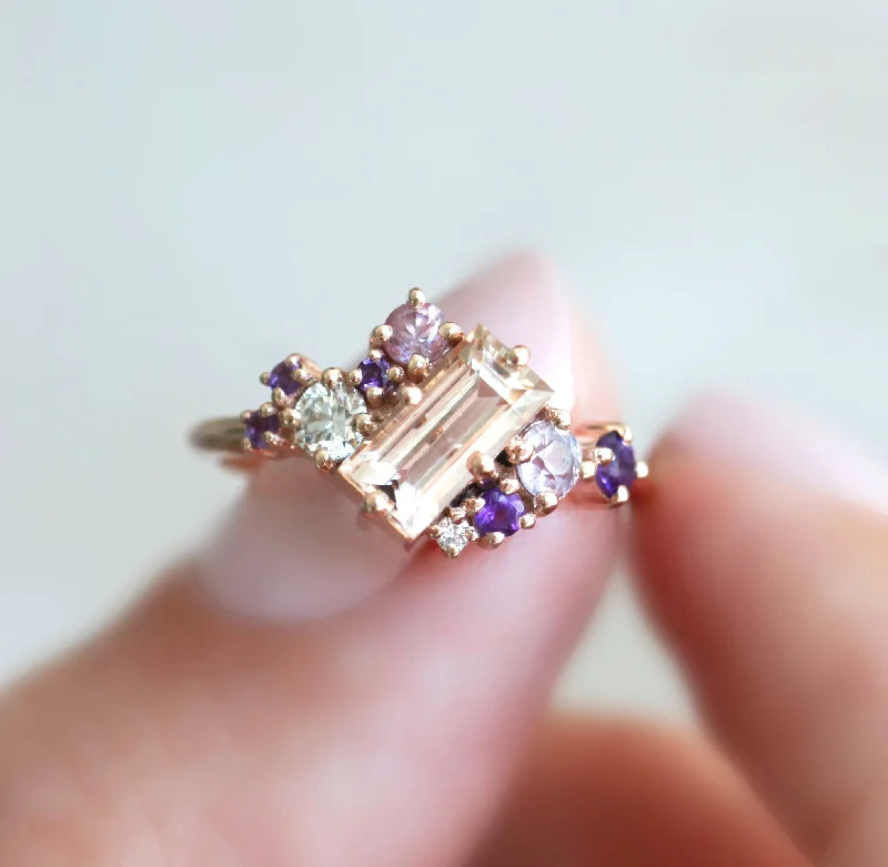 Ametrine rings-Lila Baguette Morganite Cluster Ring