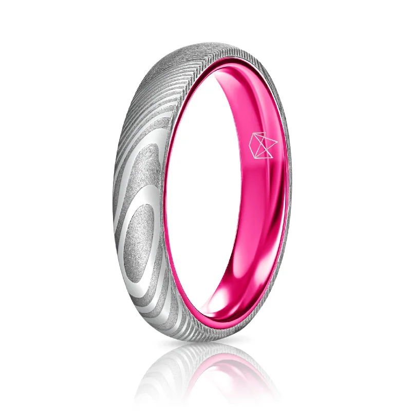 Crystal-wrapped rings-Wood Grain Damascus Steel Ring - Resilient Pink - 4MM