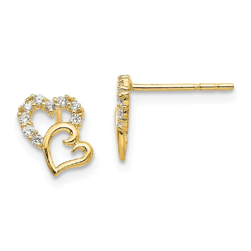 Ribbon tassel earrings-Kids 14k Yellow Gold & CZ 7mm Double Heart Post Earrings