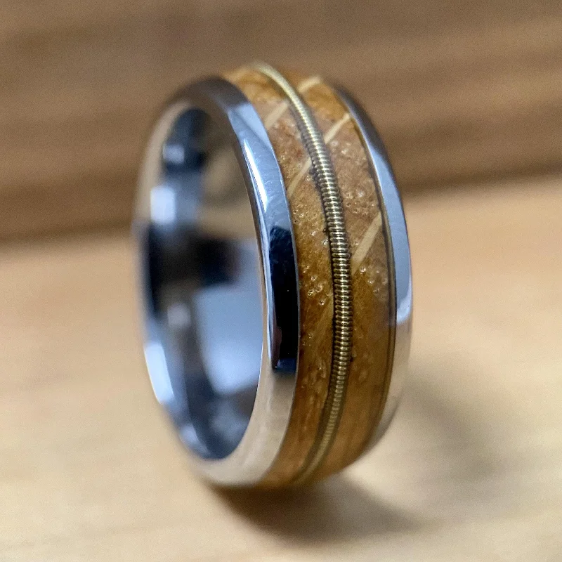 Vine carved rings-“The Guitar Player” Tungsten Ring With Reclaimed Bourbon Barrel And Guitar String