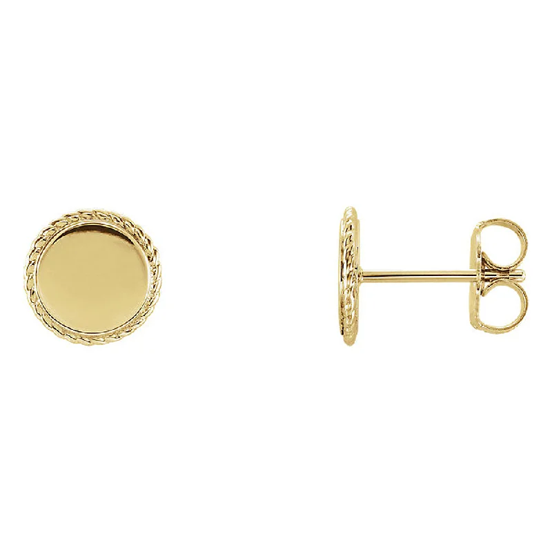 Plain stud earrings-8mm (5/16 Inch) 14k Yellow Gold Engravable Rope Edge Circle Earrings