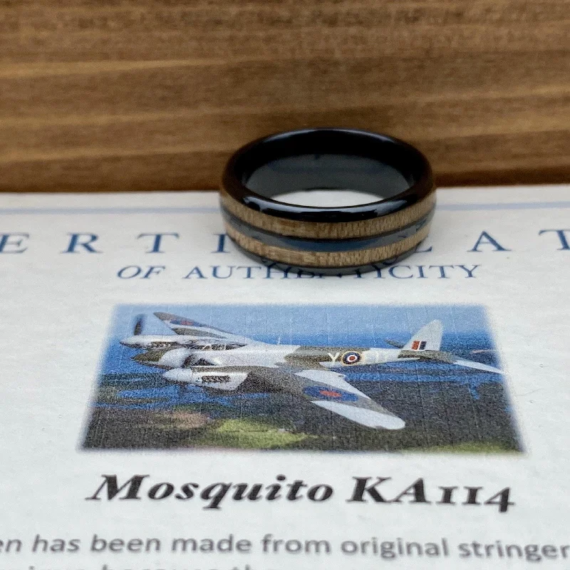 Slim stack rings-“The Aviator” 100% USA Made Black Ceramic Ring With Wood From RAF Mosquito Airplane