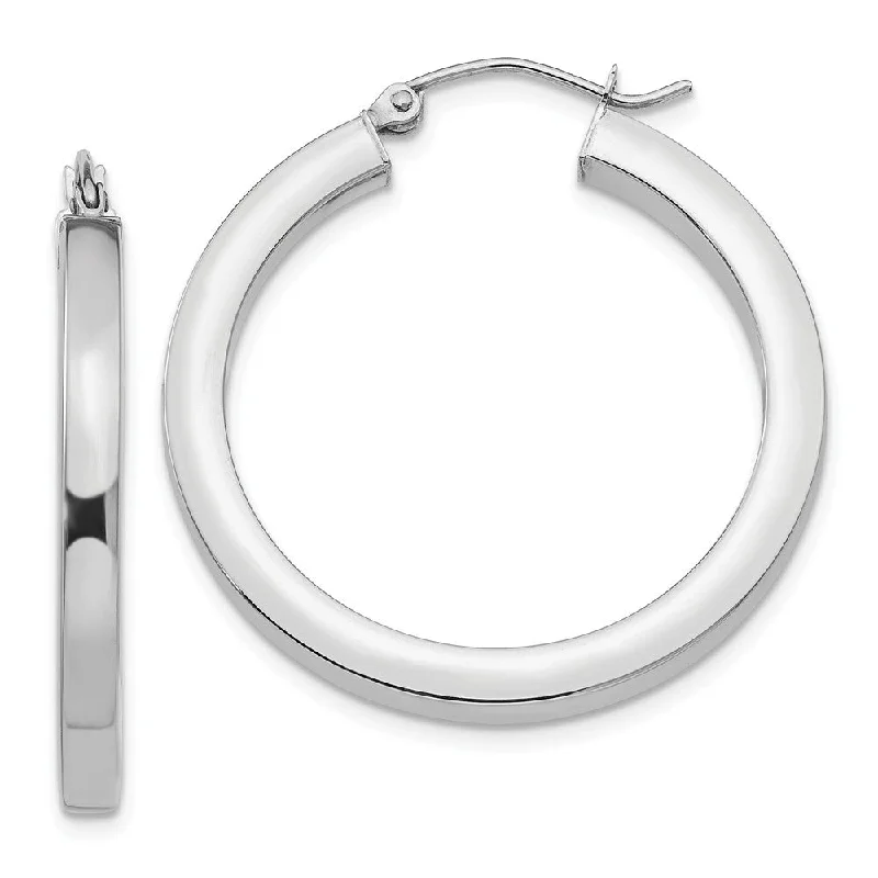 Chunky hoop earrings-3mm, 14k White Gold Square Tube Round Hoop Earrings, 30mm (1 1/8 Inch)