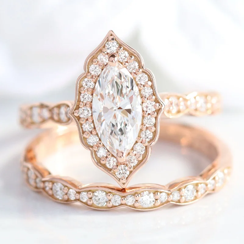 Little wing rings-Marquise Diamond Vintage Halo Ring w/ Lab Diamond and Matching Wedding Band