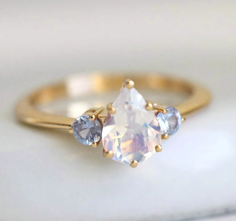 Slim stack rings-Pear Rainbow Moonstone Ring With Light Blue Sapphires