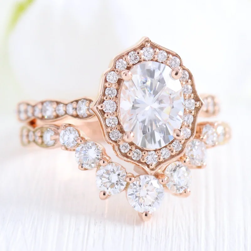 Lavish cocktail rings-Vintage Floral Oval Ring Bridal Set w/ Moissanite and Large 7 Diamond Scalloped Band