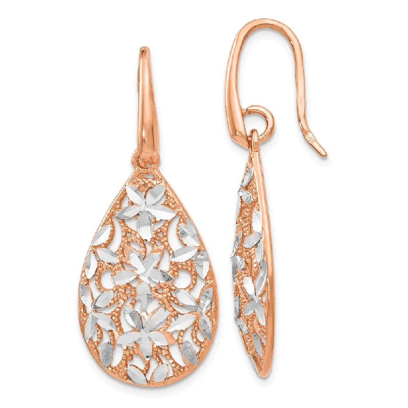 Spiral wire earrings-Floral Filigree Teardrop Dangle Rose Gold Tone Plated Silver Earrings