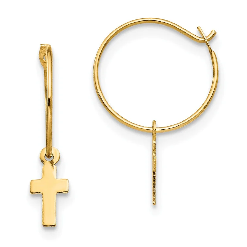 Chunky hoop earrings-Children's 14k Yellow Gold 10mm Endless Hoop Dangling Cross Earrings