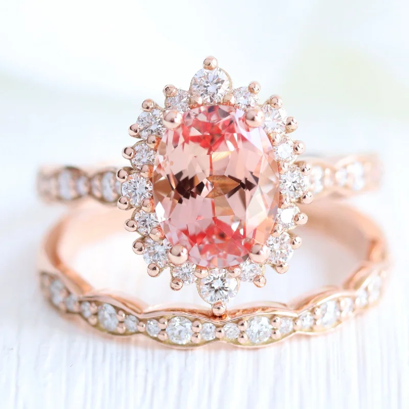 Glossy enamel rings-Large Tiara Halo Oval Ring Set w/ Champagne Peach Sapphire and Diamond