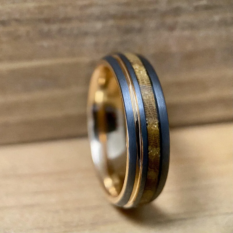 Crystal stack rings-“Lady roses” Tungsten Ring With Reclaimed Bourbon Barrel Wood