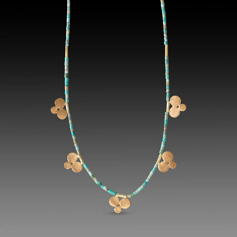 Petite charm necklaces-Turquoise Bead Necklace with Five 22k Trios