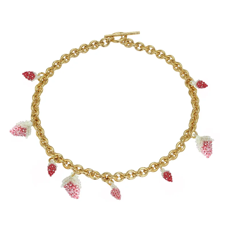 Heavy gem necklaces-Medium Chunky Strawberry Necklace Gold Plated, Pink and Red Beads