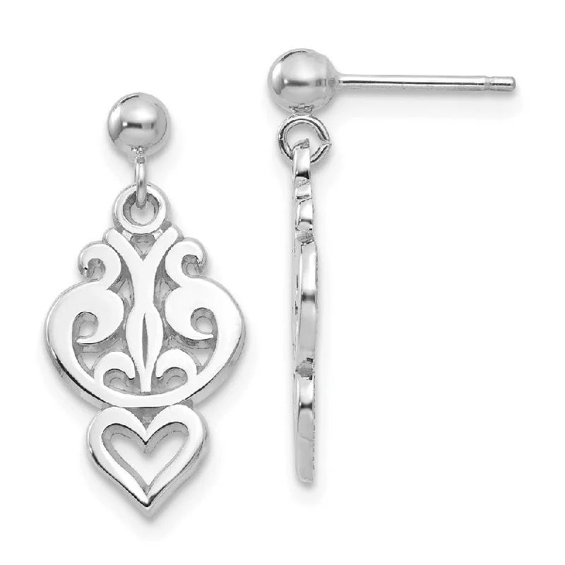 Georgian style earrings-Small Filigree Heart Dangle Post Earrings in 14k White Gold