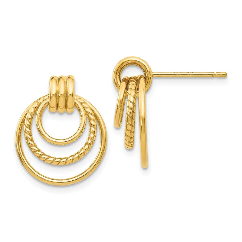 Large hoop earrings-Polished and Twisted Triple Circle Post Earrings in 14k Yellow Gold