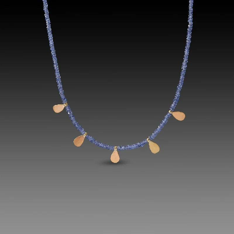 Sturdy chain necklaces-Sapphire Beaded Necklace with Gold Teardrops