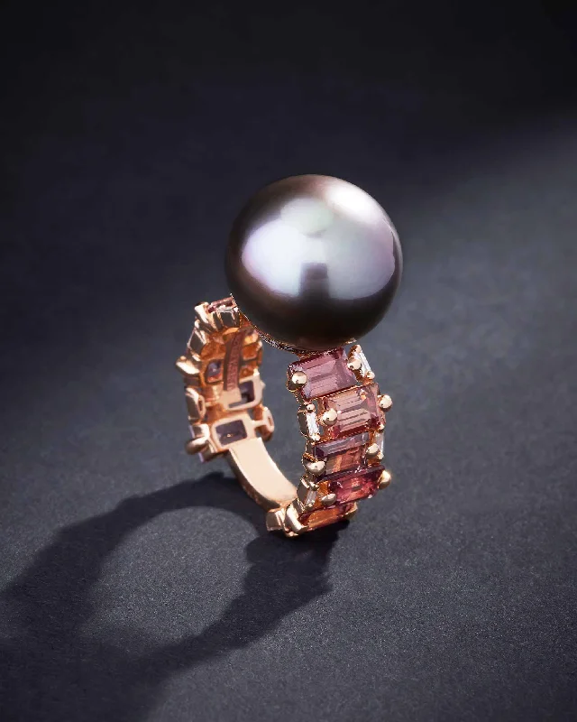 New moon rings-One of a Kind Tahitian Pearl Ring with Neutral Sapphires & Baguette Diamonds