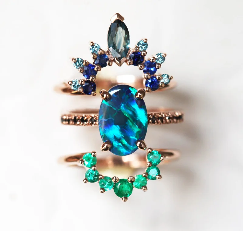 Vine carved rings-Emmeline Lagoon Black Opal Ring Set