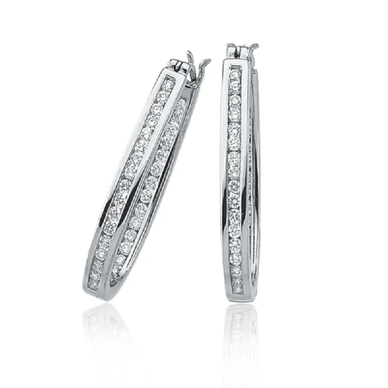 Crystal-wrapped earrings-1 Cttw, Channel Set Diamond Hoops - 14k White Gold