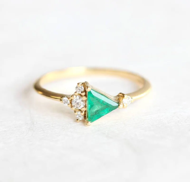 Crystal stack rings-Lena Triangle Emerald Diamond Cluster Ring