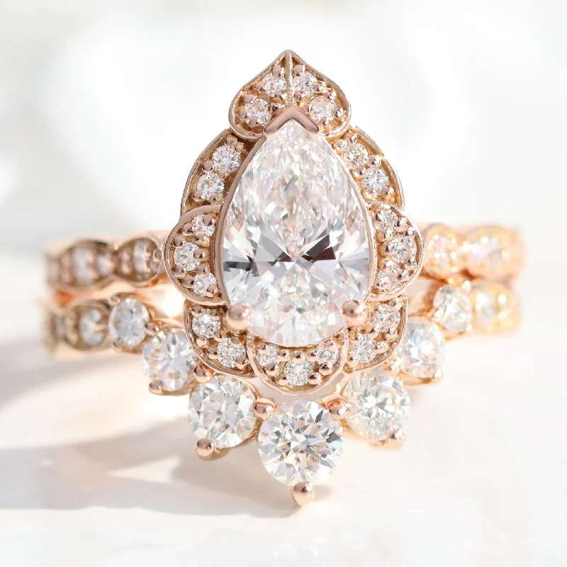 Warding eye rings-Pear Diamond Vintage Floral Ring Set w/ Lab Diamond and Large 7 Stone Wedding Band