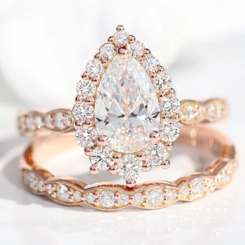 Tri-metal rings-Pear Diamond Halo Scalloped Ring Set w/ Lab Diamond and Matching Wedding Band