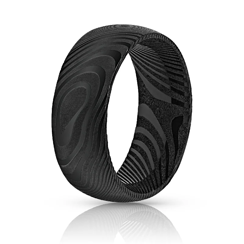 Crystal-wrapped rings-Wood Grain Damascus Steel Ring - Gun Metal Minimalist