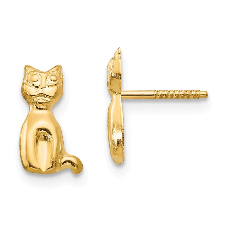 Glossy enamel earrings-Kids Polished Cat Friction Back Post Earrings in 14k Yellow Gold