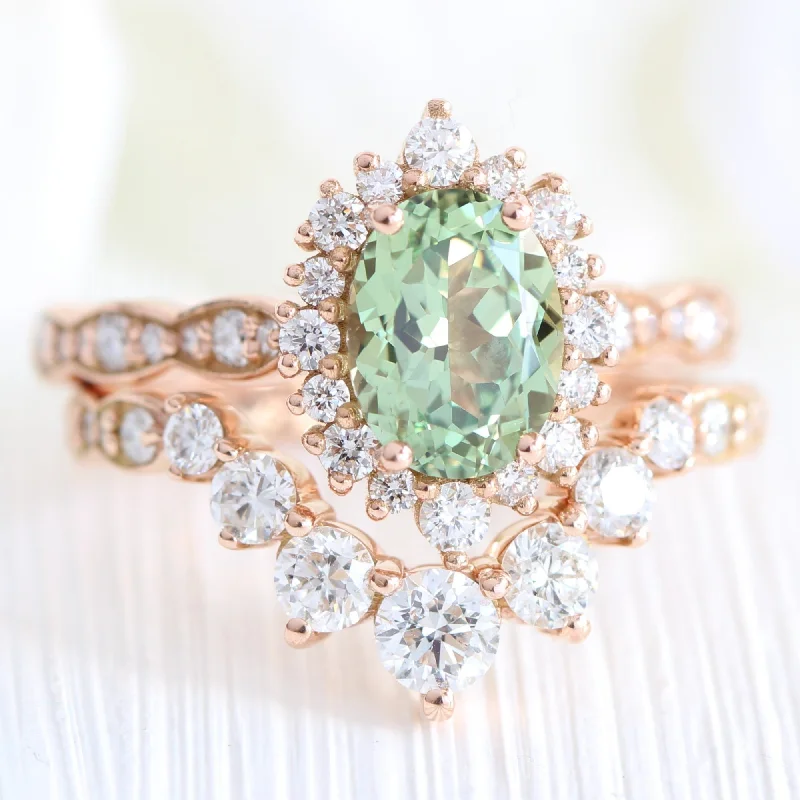 Bead line rings-Tiara Halo Oval Scalloped Ring Set w/ Green Sapphire and Large 7 Diamond U Band