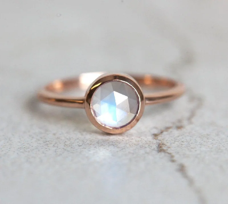 Multi-gem rings-Round Cut Rainbow Moonstone Ring in Gold Bezel Setting