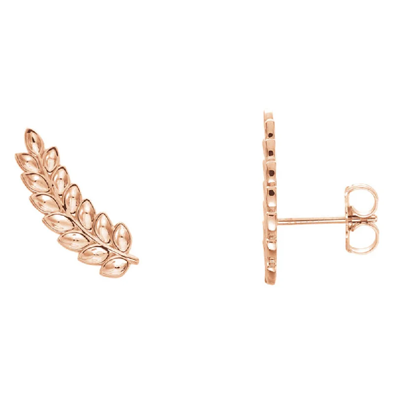 Sacred cross earrings-5.7mm x 16mm (5/8 Inch) 14k Rose Gold Petite Leaf Ear Climbers