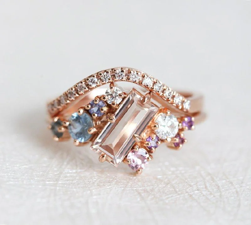 Obsidian inlay rings-Lila Morganite Cluster Ring Set