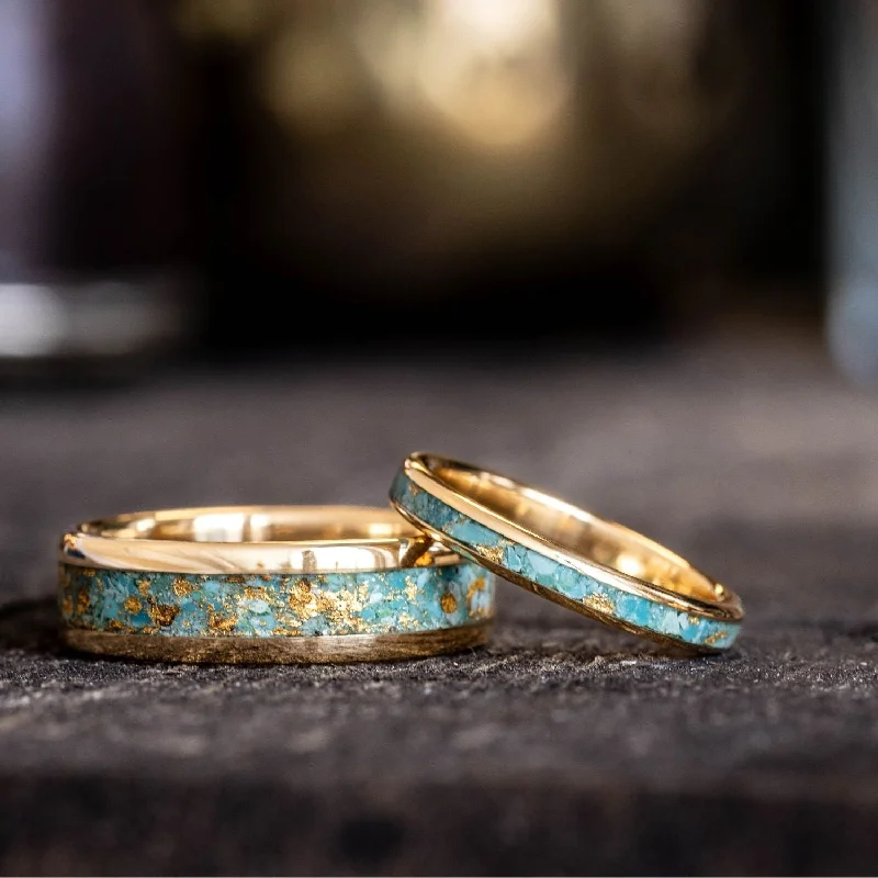 Cane style rings-The Phoenix - Matching Gold and Turquoise Wedding Ring Set with Gold Flakes