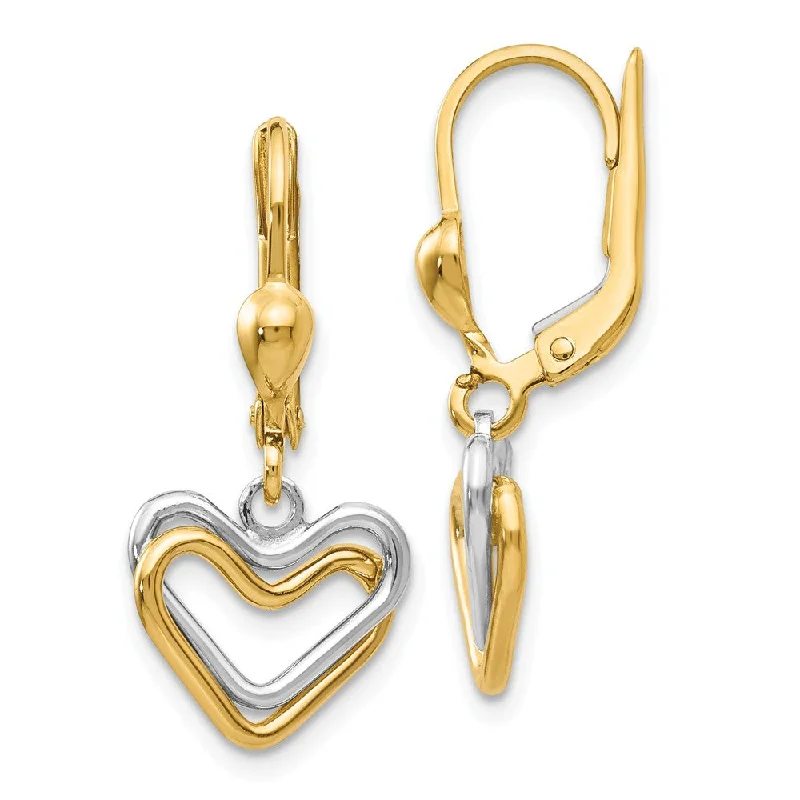 Warding eye earrings-Two Tone Double Heart Lever Back Earrings in 14k Gold