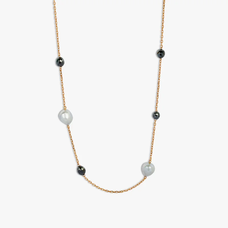 Georgian style necklaces-Black Diamond and Baroque Pearl necklace in 18k rose gold