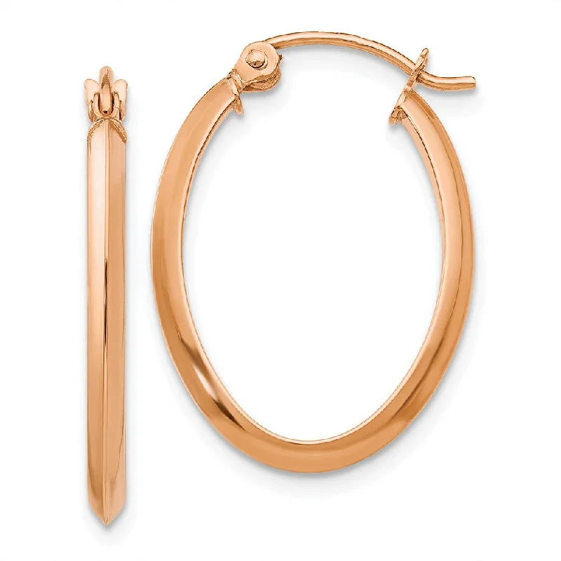 Curved drop earrings-2mm x 24mm Polished 14k Rose Gold Knife Edge Oval Hoop Earrings